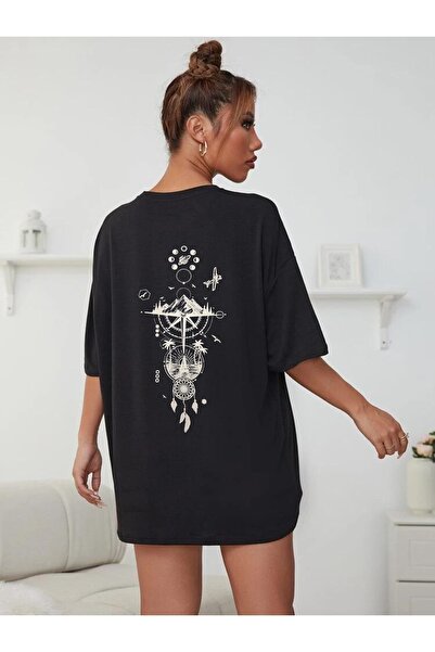 LOUİSA Унисекс тениска с голям размер в черно с компас