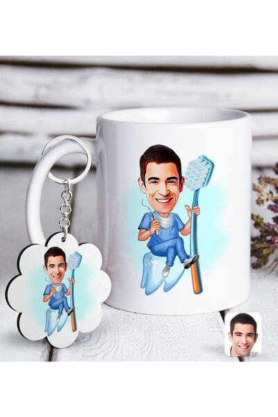 Bk Gift Kişiye Özel Erkek Diş Hekimi Karikatürlü Beyaz Kupa Ve Anahtarlık Hed...