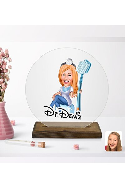 Bk Gift Kişiye Özel Kadın Diş Hekimi Karikatürlü Yuvarlak Ahşap Standlı Biblo-2