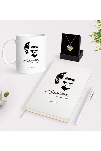 Bk Gift Kişiye Özel Atatürk Temalı Beyaz Kupa Defter Kalem Ve Isimli Papatya ...