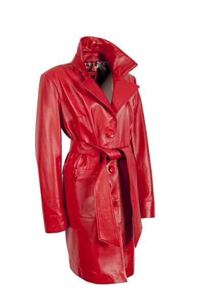 KARA DERİ Kadın Kırmızı Hakiki Deri Trençkot