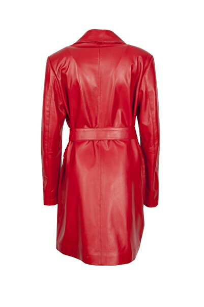 KARA DERİ Kadın Kırmızı Hakiki Deri Trençkot