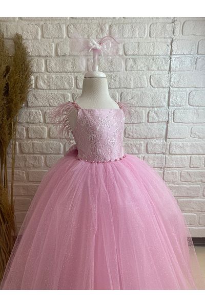 Black&White Pink Fluffy Dress, Ostrich Feather Birthday Dress, Children's Evening Dress