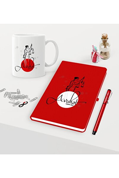 Bk Gift Kişiye Özel Avukat Temalı Kırmızı Defter Kalem Kupa Seti - 11