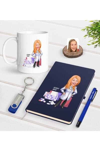 Bk Gift Kişiye Özel Kadın Eczacı Karikatürlü Lacivert Defter Kalem Kupa 32gb Usb Bellek Hediye Seti-3