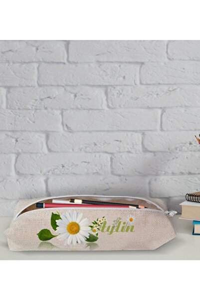 Bk Gift Kişiye Özel Isimli Papatya Temalı Keten Bez Kalemlik-4