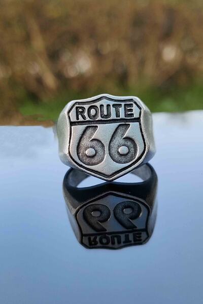 TREND COLLECTİON Klasik Route 66 Model Gümüş Kaplama Ayarlanabilir Erkek Yüzük