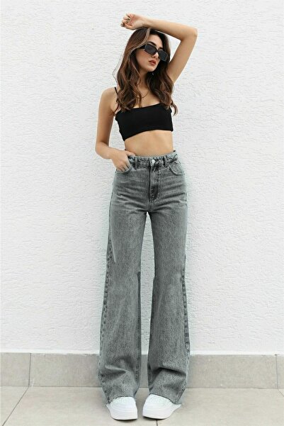 Livik Lycra 90's Women's Smoked Snow Super High Waist Loose Leg Denim Jeans Palazzo Pants