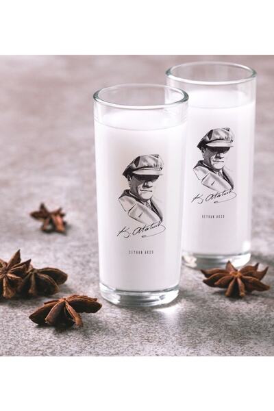 BK Kişiye Özel Renkli Baskılı Atatürk Temalı Ikili Rakı Bardağı Seti-17