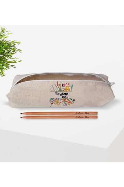 Bk Gift Çocuklara Özel Isimli Keten Okul Kalemliği Ve Ahşap Kurşun Kalem Hediye Seti-6