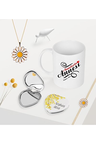 BK Kişiye Özel Annelerin Annesi Kupa Kalp Ayna Papatya Kolye Bileklik Seti