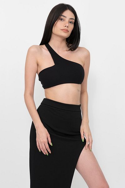 Soyo Women's Black One-Shoulder Mini Bustier and Slit Skirt Set