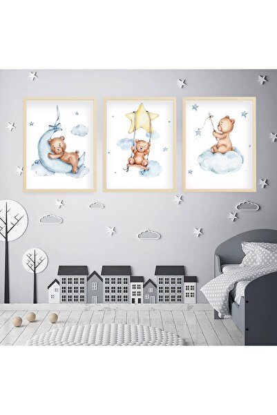 Ya&mu Tablosetleri 3 Adet 33 X 44cm Büyük Boy Ahşap Çerçeveli Bebek, Çocuk Odası Isimli Tablo