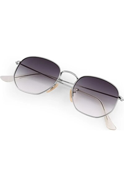 eleven market Güneş Gözlüğü Beşgen Gümüş Çerçeve Siyah Cam Unisex