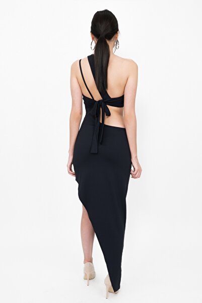 Soyo Rochie asimetrică neagră pentru femei, cu un singur umăr