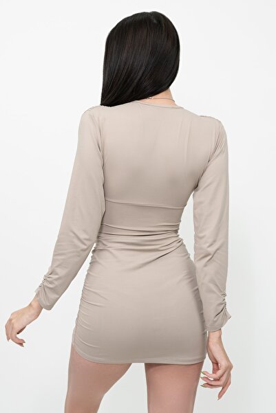 Soyo Γυναικείο Μπεζ Μίνι Φόρεμα με κορδόνι με βαθύ V λαιμόκοψη