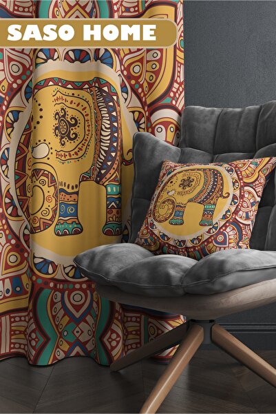 SasoHome Етнічний індійський вишитий чохол на подушку з візерунком слона на високоякісній оксамитовій тканині кремового кольору