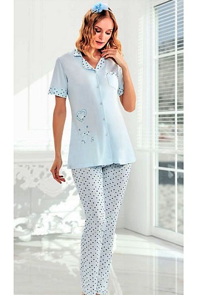 FLZ Set pijama cu mânecă scurtă, cu nasturi în față, albastru