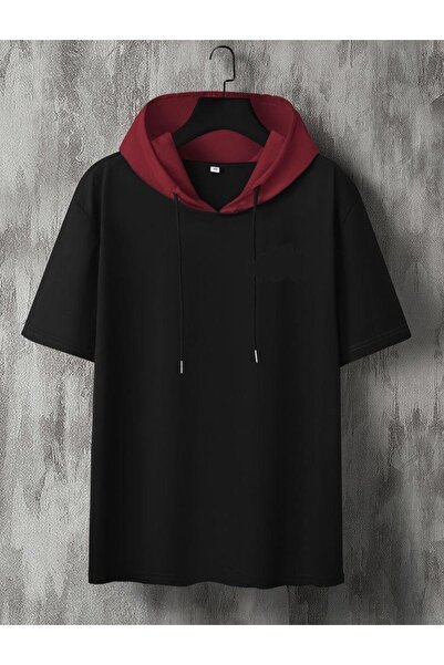 İmpavido تي شيرت أسود بغطاء للرأس باللون العنابي كبير الحجم