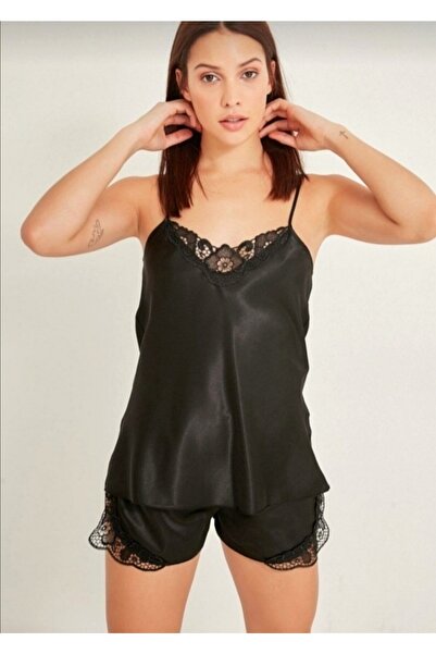 Nessa Giyim Kadın Siyah Saten Ip Askılı Dantel Detaylı Şortlu Büyük Beden Gec...
