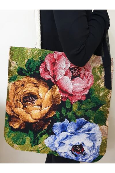 Körfez Kırlent Goblen Dokuma Kumaş Heybe Çanta Güllü Desen