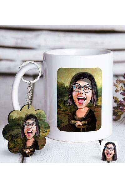 Bk Gift Kişiye Özel Mona Lisa Karikatürlü Beyaz Kupa Ve Anahtarlık Hediye Seti-1