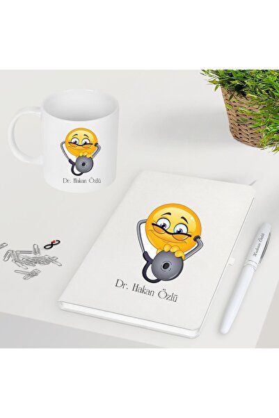 Bk Gift Kişiye Ve Isime Özel Doktor Emoji Beyaz Kupa Bardak Defter Kalem Seti
