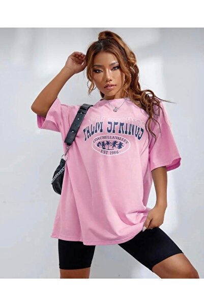 AFROGİYİM Γυναικείο μπλουζάκι με στάμπα Palm Springs Oversize