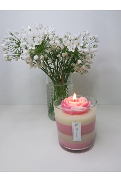 Missi Pembe Çizgili Whıte Rose Kokulu Vegan Mum