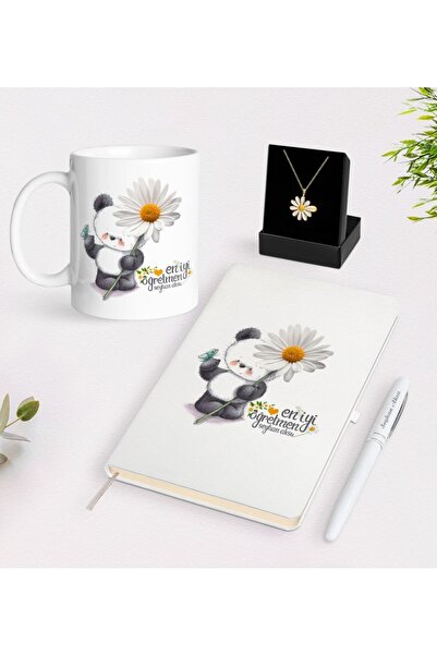 Bk Gift Kişiye Özel Papatya Temalı En Iyi Öğretmen Beyaz Kupa Defter Kalem Ve...