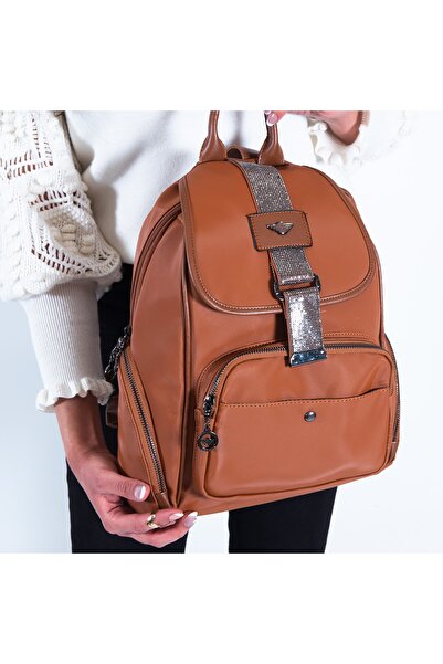 MEGA 603 Σατέν Γυναικείο Σακίδιο Πλάτης Γυναικεία Τσάντα Καφέ