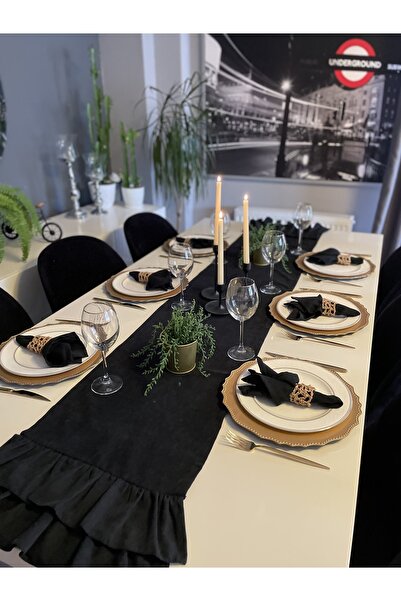 Decamor home Velvet Textured Double Layer Ruffle Long Decorative Vintage Black Runner