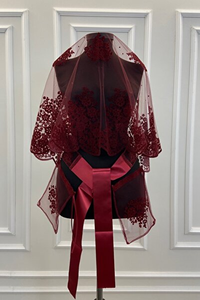 ZEYMERADE مجموعة قفازات وشاح الزفاف الفضي بطباعة متدفقة مزدوجة باللون العنابي