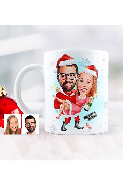 BK Kişiye Özel Yılbaşı Temalı Sevgililer Karikatürlü Beyaz Kupa Bardak - 2