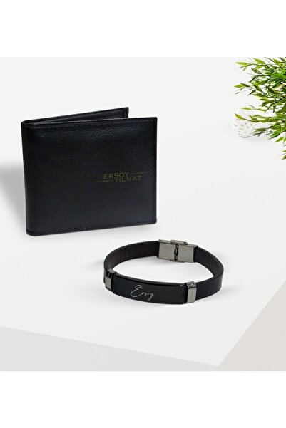 Bk Gift Kişiye Özel Isimli Siyah Deri Cüzdan Ve Bileklik Hediye Seti-2