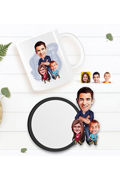 Bk Gift Kişiye Özel Baba Kız Oğul Karikatürlü Beyaz Kupa Ve Ahşap Bardak Altl...