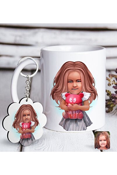 Bk Gift Kişiye Özel Kız Çocuk Illüstrasyon Tasarımlı Beyaz Kupa Ve Anahtarlık...
