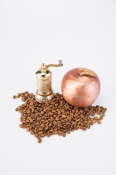 DMT COPPER HOME Handcrafted Copper Apple Motif Turkish Coffee Storage Container with Hand Forged (diameter 8.5 Cm) Coffee Grinder Gift