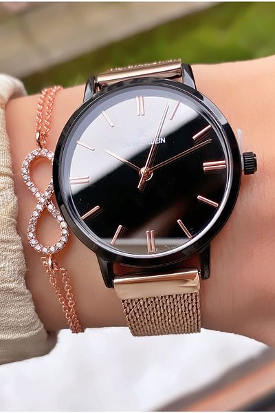 Daniel Klein Brand Rose Black Color Waterproof Women's Wristwatch - With Bracelet Gift