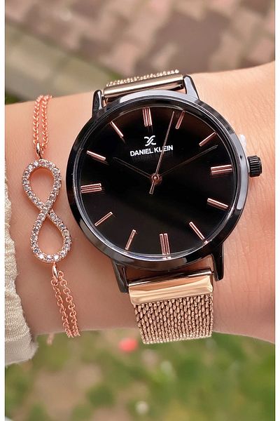 Daniel Klein Brand Rose Black Color Waterproof Women's Wristwatch - With Bracelet Gift