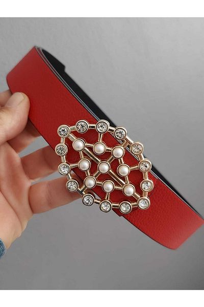 Kemerix Women's Double Sided Red-Black Belt - Pearl Stone and Gold Buckle
