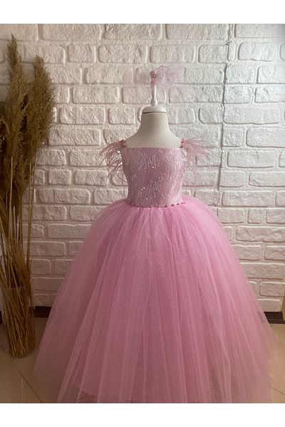 Black&White Pink Fluffy Dress, Ostrich Feather Birthday Dress, Children's Evening Dress
