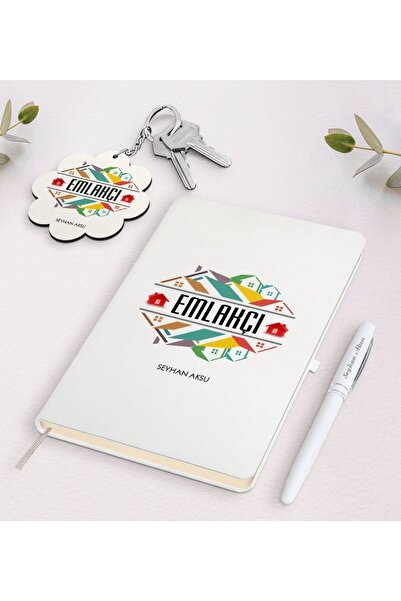 Bk Gift Kişiye Özel Emlakçı Beyaz Defter Kalem Ve Anahtarlık Hediye Seti