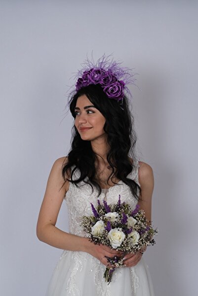 Limelia Kadife Güllü Tüylü Tasarım Gelin Kına Tacı