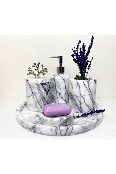 Modestmar طقم حمام من الرخام الطبيعي أرجواني 5 قطع مع إكسسوارات مرجانية ذهبية