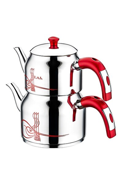 OMS Collection 8043 M 4 Parça Paslanmaz Çelik Osmanlı Tuğralı Çaydanlık Kırmızı