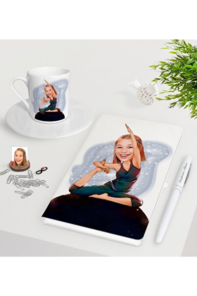 Bk Gift Kişiye Özel Kadın Yoga Karikatürlü Beyaz Defter Kalem Türk Kahvesi Fi...