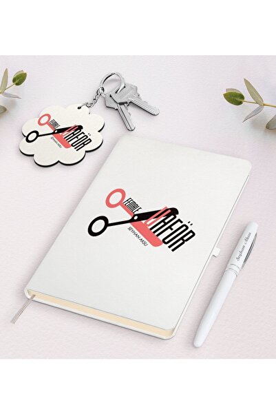 Bk Gift Kişiye Özel Bayan Kuaförü Beyaz Defter Kalem Ve Anahtarlık Hediye Seti-1