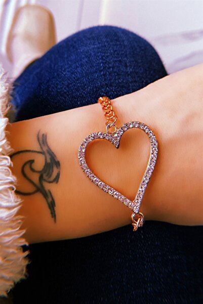 Rose Renk Kalp Figürlü Taşlı Zincir Bileklik