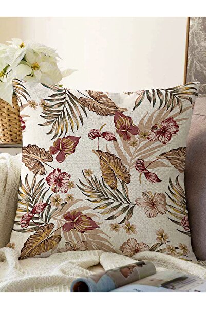 Realhomes Kuru Tropik Yaprak Motifli Dijital Baskılı Raşel Örme Yastık Kırlen...